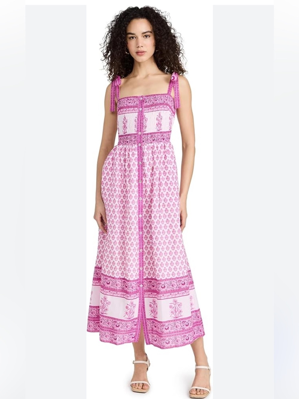 Tuckernuck Charina Sarte  100% cotton white pink smoked midi dress size small